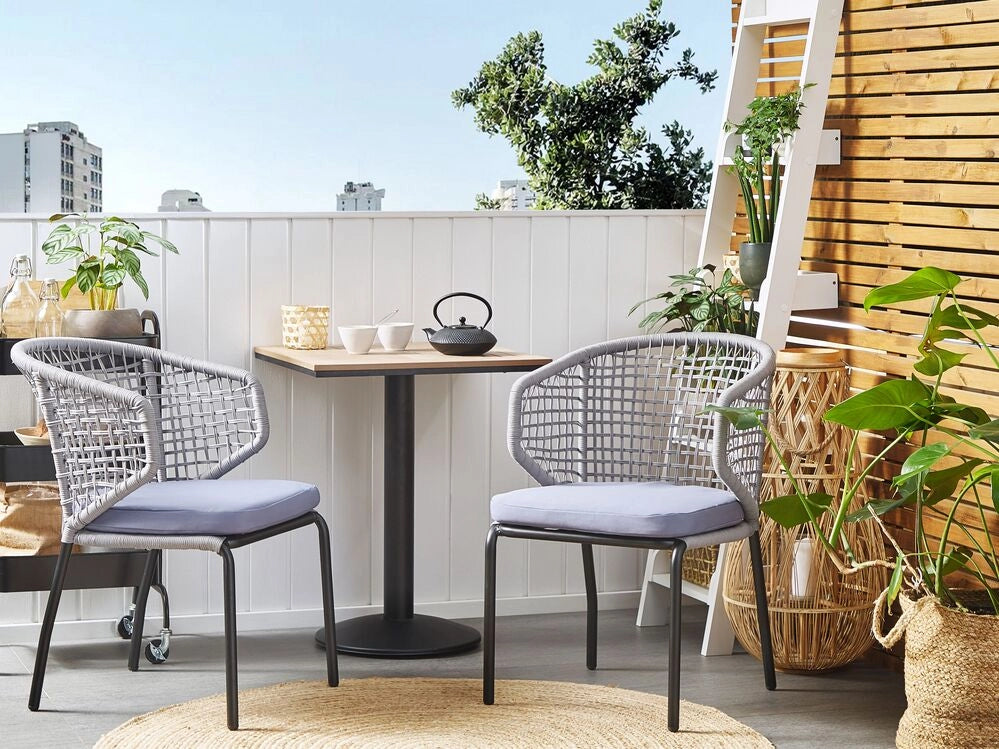 Set da bistrot grigio 2 sedie cuscini da seduta tavolo plastica piano in legno gambe in metallo Nero 3 pezzi set da giardino per esterni