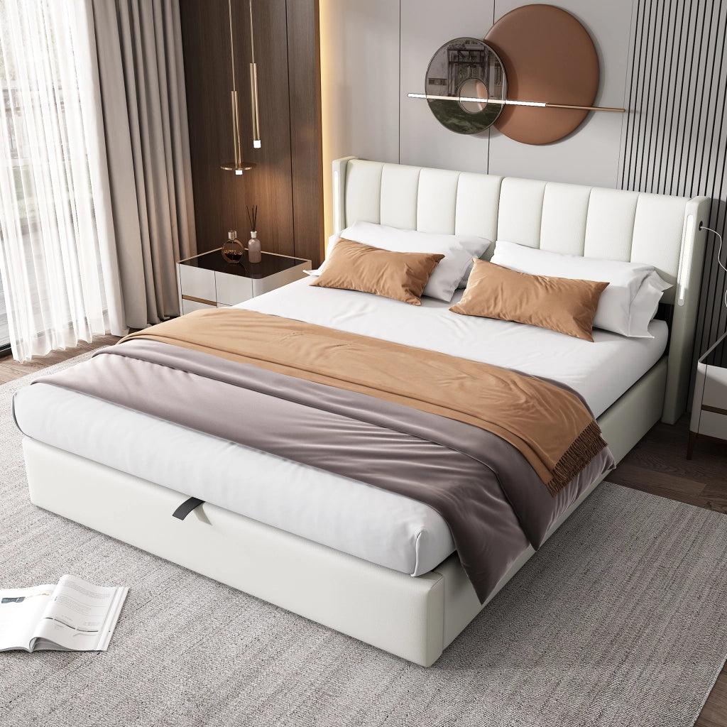 DESMIU Letto contenitore 160 × 200 cm 2 posti con USB, LED, testiera regolabile, senza materasso, in PU bianco