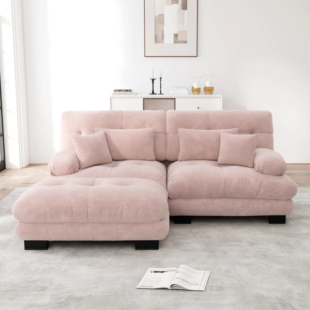 Divano Angolare in Tessuto Chenille con Ottoman e Cuscini ¨C MINIMAL ¨C Rosa