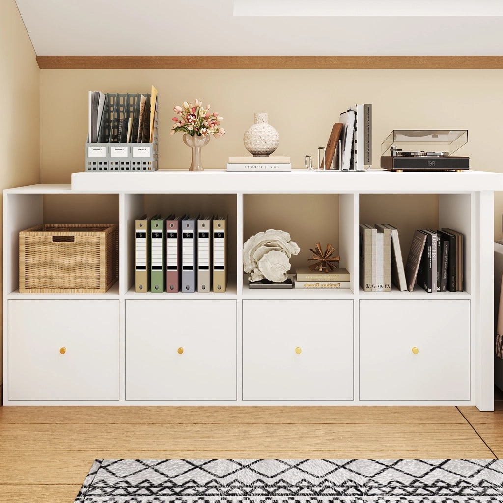 Scrivania angolare girevole 360° con 8 vani e 4 cassetti; 120x48x78 cm + 140x35x74 cm; MDF bianco
