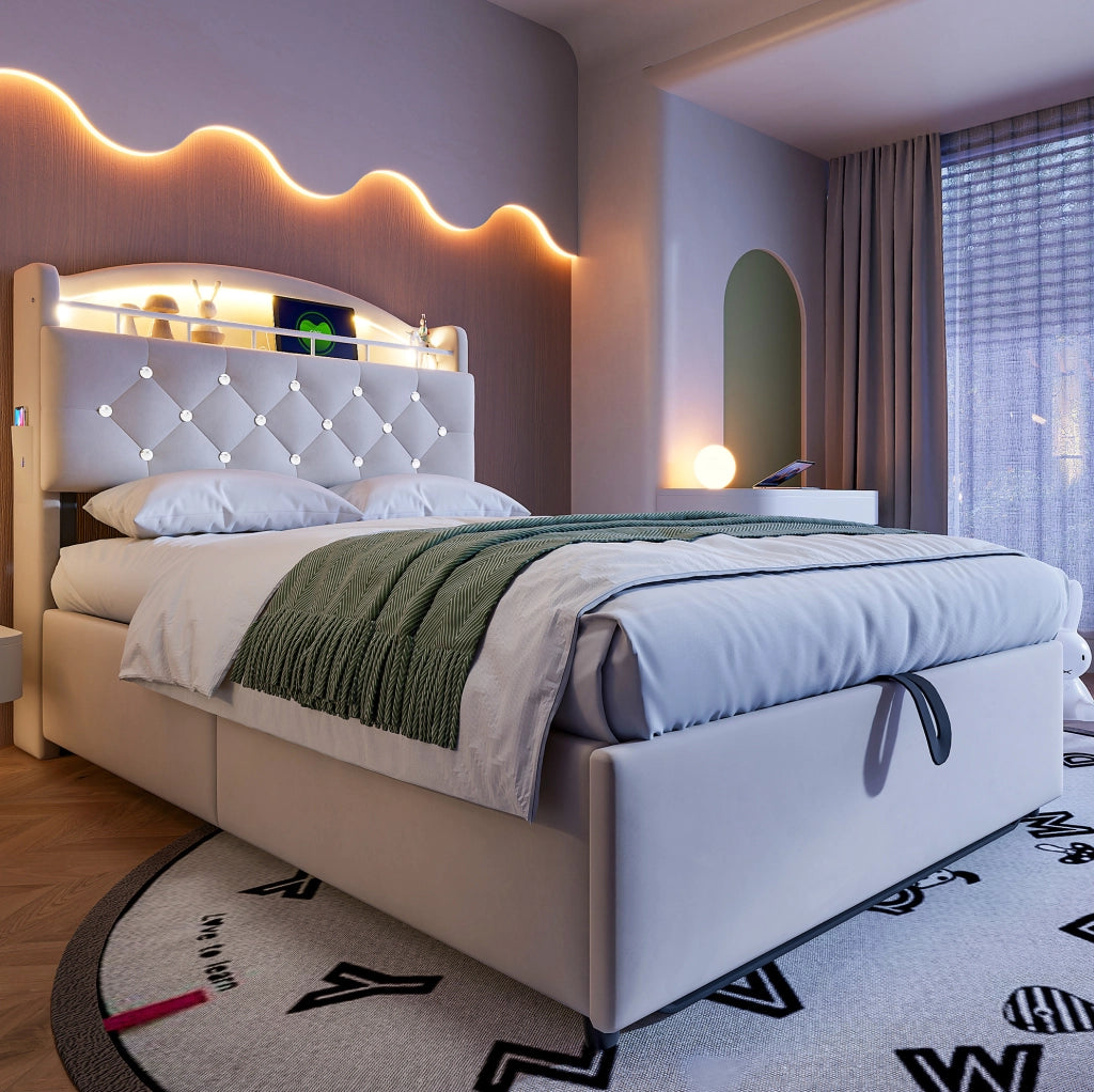 Letto imbottito 90x200 con contenitore, LED e porte USB, beige