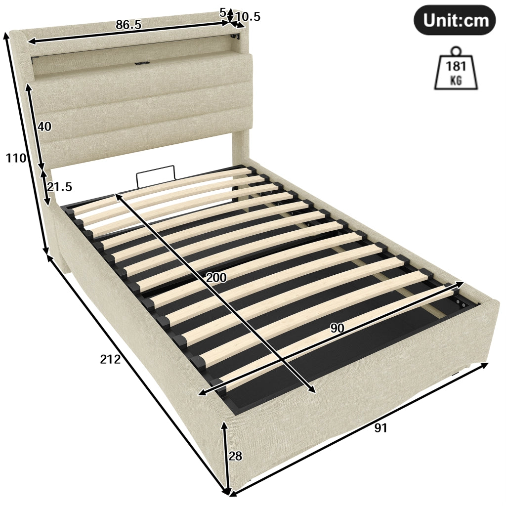 LETTO Contenitore 90x200 cm in lino beige con LED, USB e Type-C