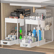 Set di 2 organizzatori da cucina, 2 pezzi, sotto il lavandino, mensola, organizzatore di cassetto, lavandino ripiegabile con 8 ganci, 16 tappi antiscivolo e 2 contenitori da appendere, mensola per lavastoviglie, organizzatore da cucina