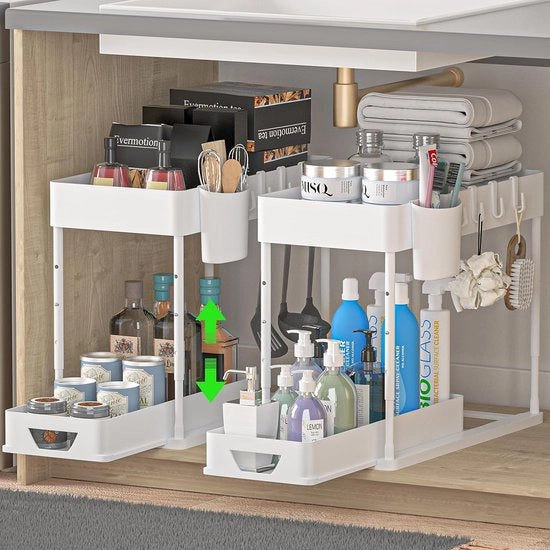 Set di 2 organizzatori da cucina, 2 pezzi, sotto il lavandino, mensola, organizzatore di cassetto, lavandino ripiegabile con 8 ganci, 16 tappi antiscivolo e 2 contenitori da appendere, mensola per lavastoviglie, organizzatore da cucina