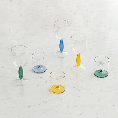 Dorici Set 4 Calici per Vino Bianco in Vetro Borosilicato Soffiato a Mano con Dettagli Bluino - Design Raffinato ed Elegante per Tavole Moderne