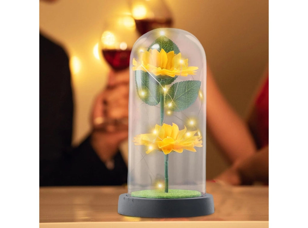 Girasole Artificiale in Cupola di Vetro con Luci LED Fiore Eterno Regalo Donna Lampada Decorativa da Interno
