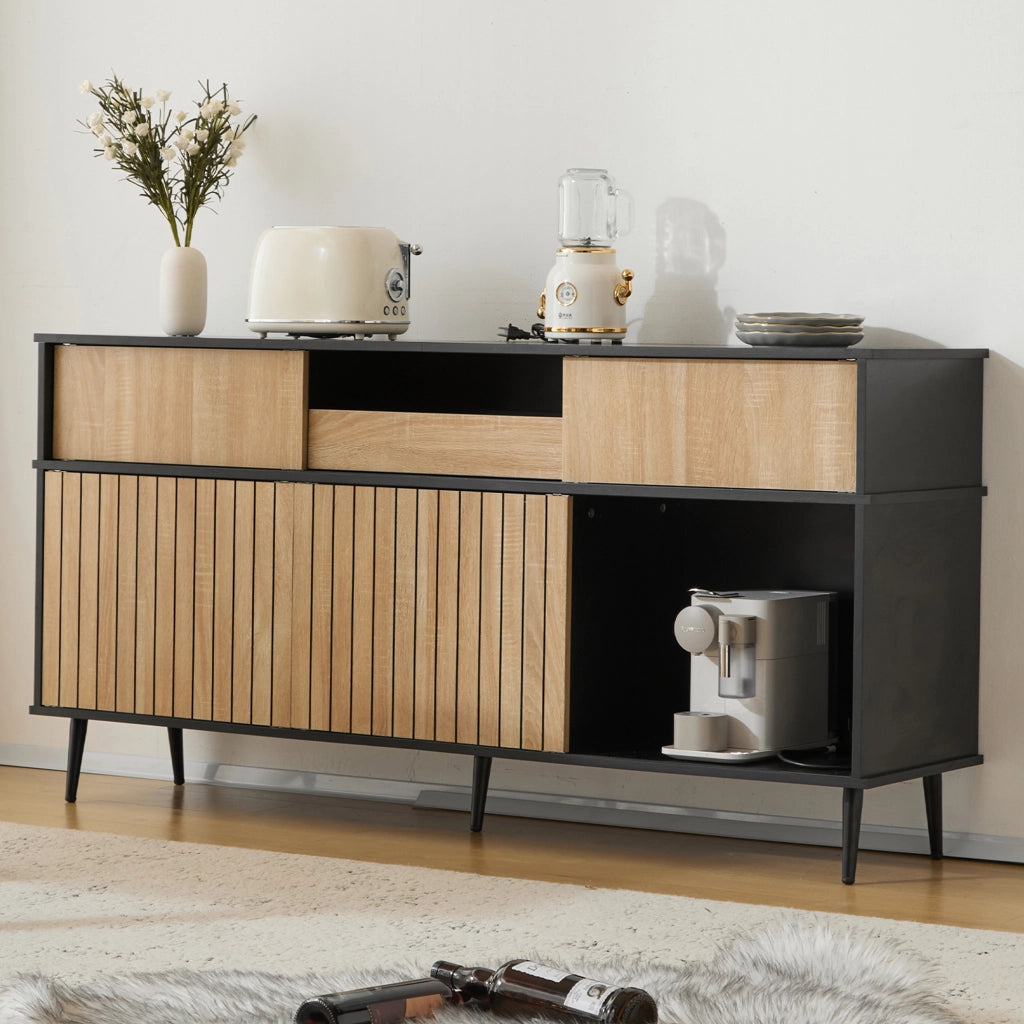 Credenza con 4 ante scorrevoli; 1 cassetto e ripiani regolabili per soggiorno in truciolare nero 160×40×80 cm