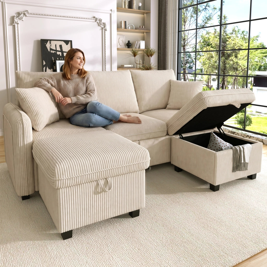 Divano modulare a 3 posti con funzione letto e contenitore con 2 pouf contenitore in tessuto effetto corda beige