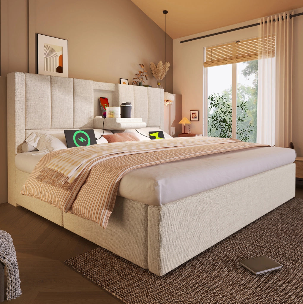 Letto matrimoniale imbottito 160x200 cm con contenitore, presa USB e portabicchieri