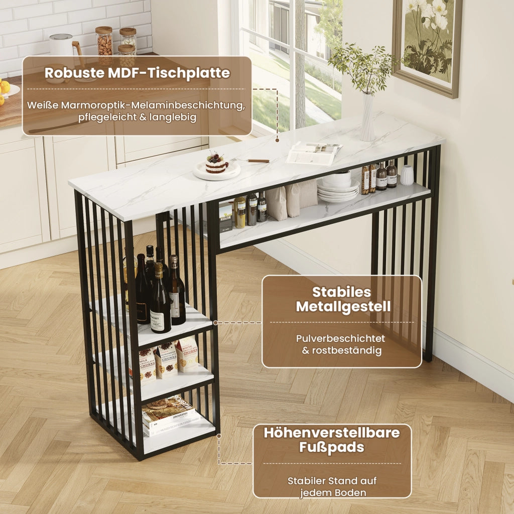 TAVOLO BAR con ripiani 140x40x105 cm MDF effetto marmo Bianco e Nero