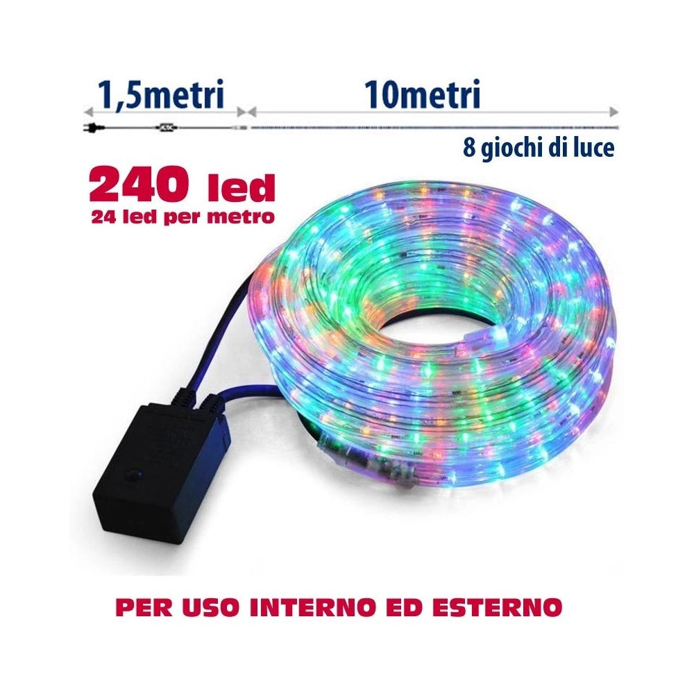 Trade Shop - Tubo Luminoso Natalizio 10 Metri Led Multicolor Controller 8 Funzioni X Esterno -