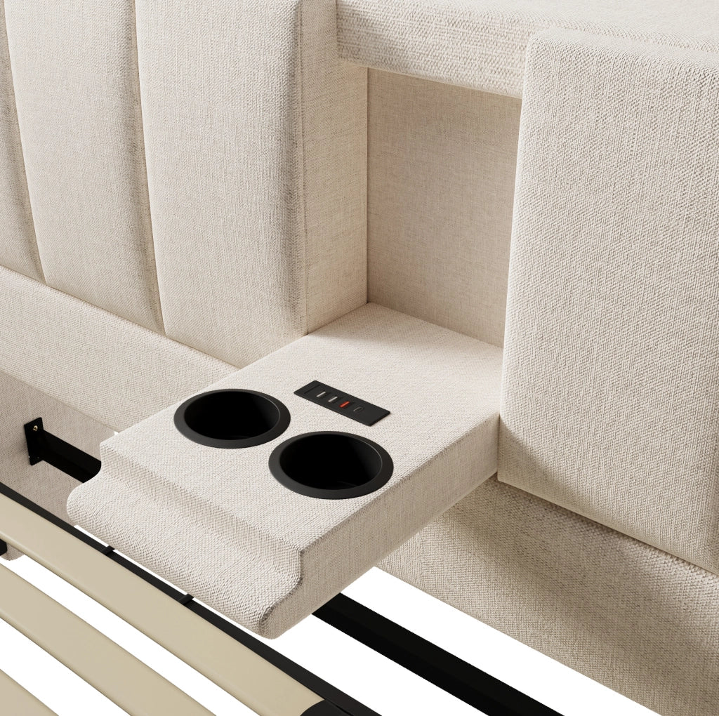 Letto matrimoniale imbottito 160x200 cm con contenitore, presa USB e portabicchieri