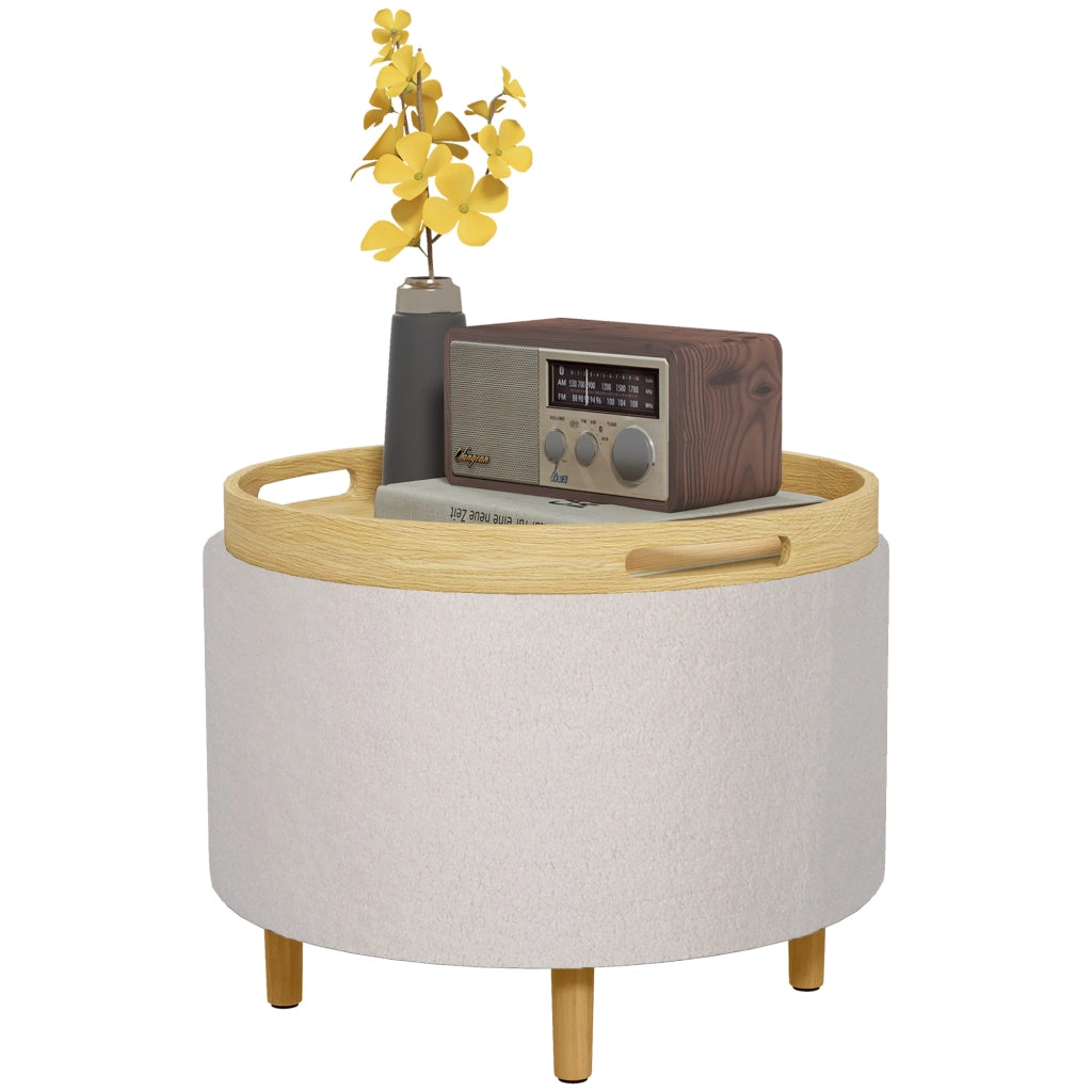 Pouf Imbottito con Stoccaggio ¨C Minimal ¨C 56x56x42 cm, Bianco, Tessuto Teddy