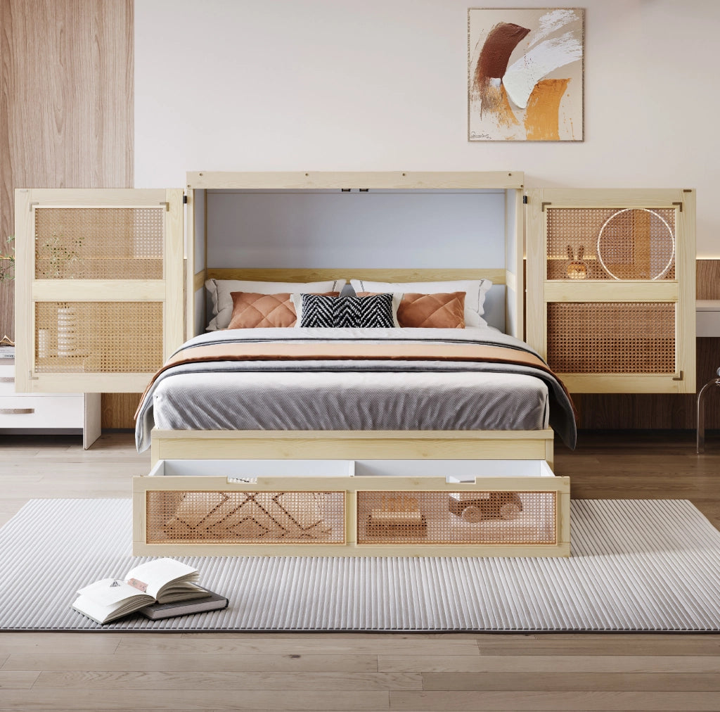 Letto a scomparsa 140x200 cm in legno con ante effetto rattan e cassetti