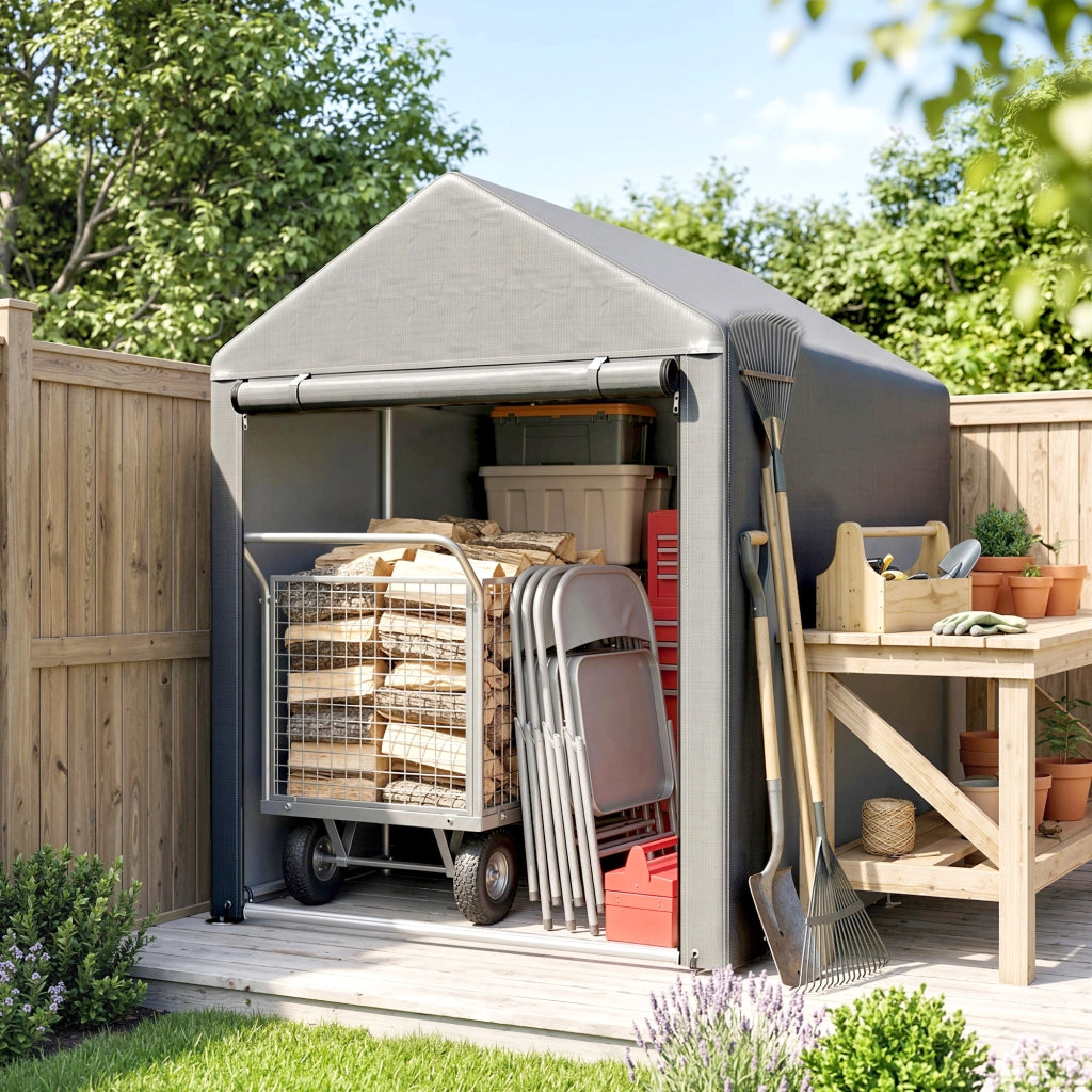 Capanno Attrezzi Tenda Garage con Copertura Anti UV e Telaio in Metallo, 120x179x165cm, Grigio Chiaro