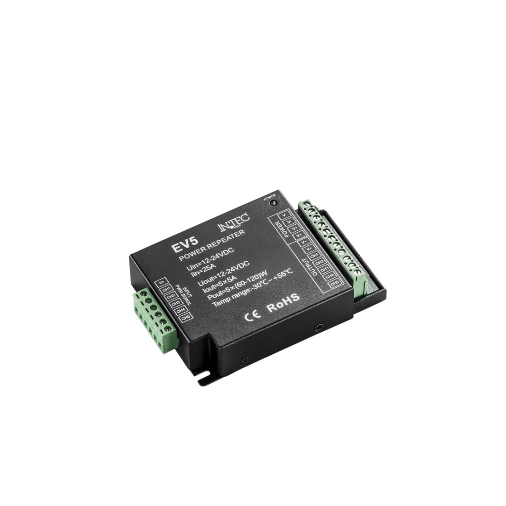 AMPLIFICATORE DI POTENZA 5 CANALI INPUT 12-24VDC OUTPUT 5CH;5A CH12 E 24V MAX 25A 10,7X7,5X2,45CM