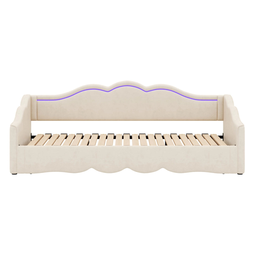 Letto Estraibile 90x200 cm e 180x200 cm con USB; Type-C e LED in Velluto Beige