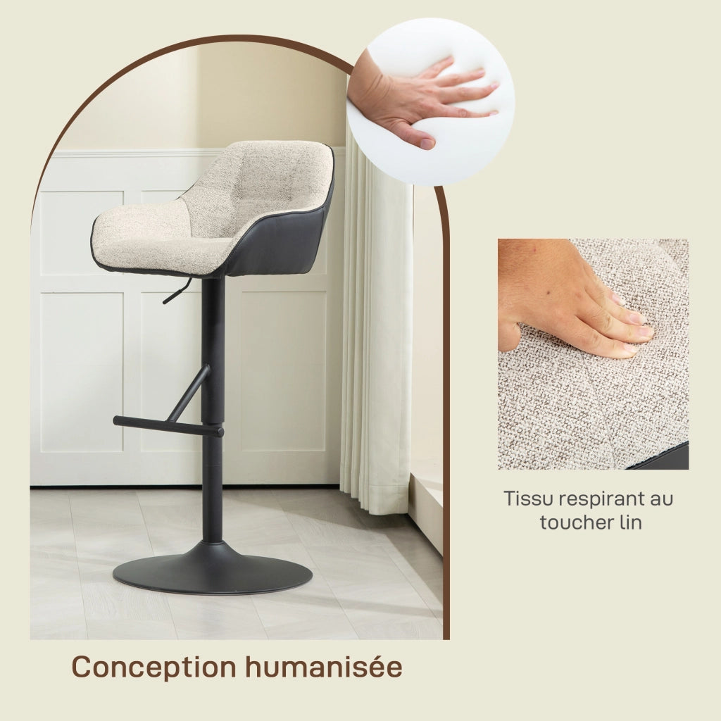 Sgabello da Bar Regolabile ¨C Xylo ¨C Tessuto Effetto Lino Grigio Base Acciaio Set 2 Pezzi