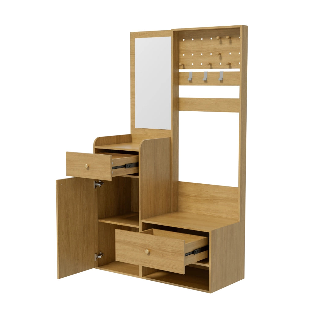OKWISH Mobile da Ingresso con Specchio, 2 Cassetti, 1 Armadietto, Ripiani Aperti e Ganci Regolabili, Legno, 105 x 38 x 180 cm