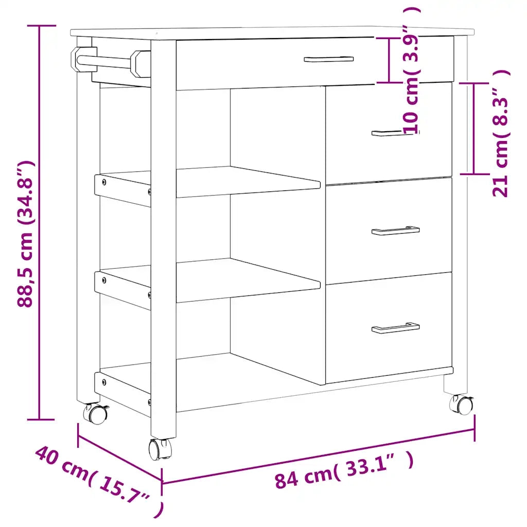 Carrello da Cucina MONZA 84x40x88,5 cm in Legno Massello di Pino 376112
