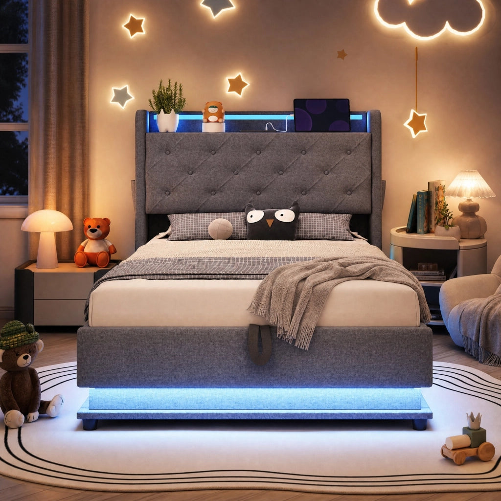 LETTO imbottito 90x200 cm con luci LED, porte USB e vano, grigio