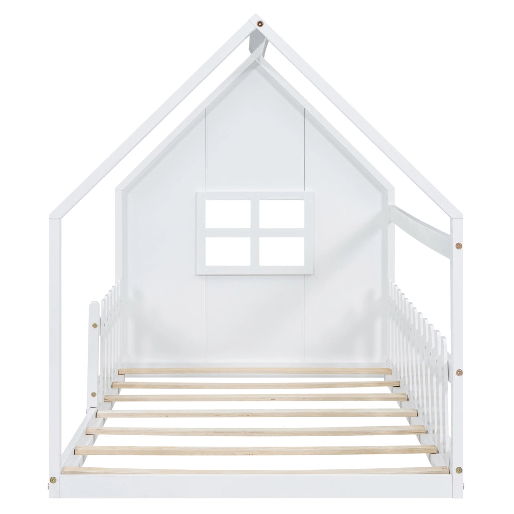 Letto per bambini 90x200 cm in pino e MDF, forma casetta, bianco