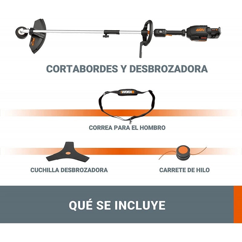 Decespugliatore multifunzione a batteria WG186E.92 Nitro 40 Volt Brushless senza batterie per taglio e potatura - Worx