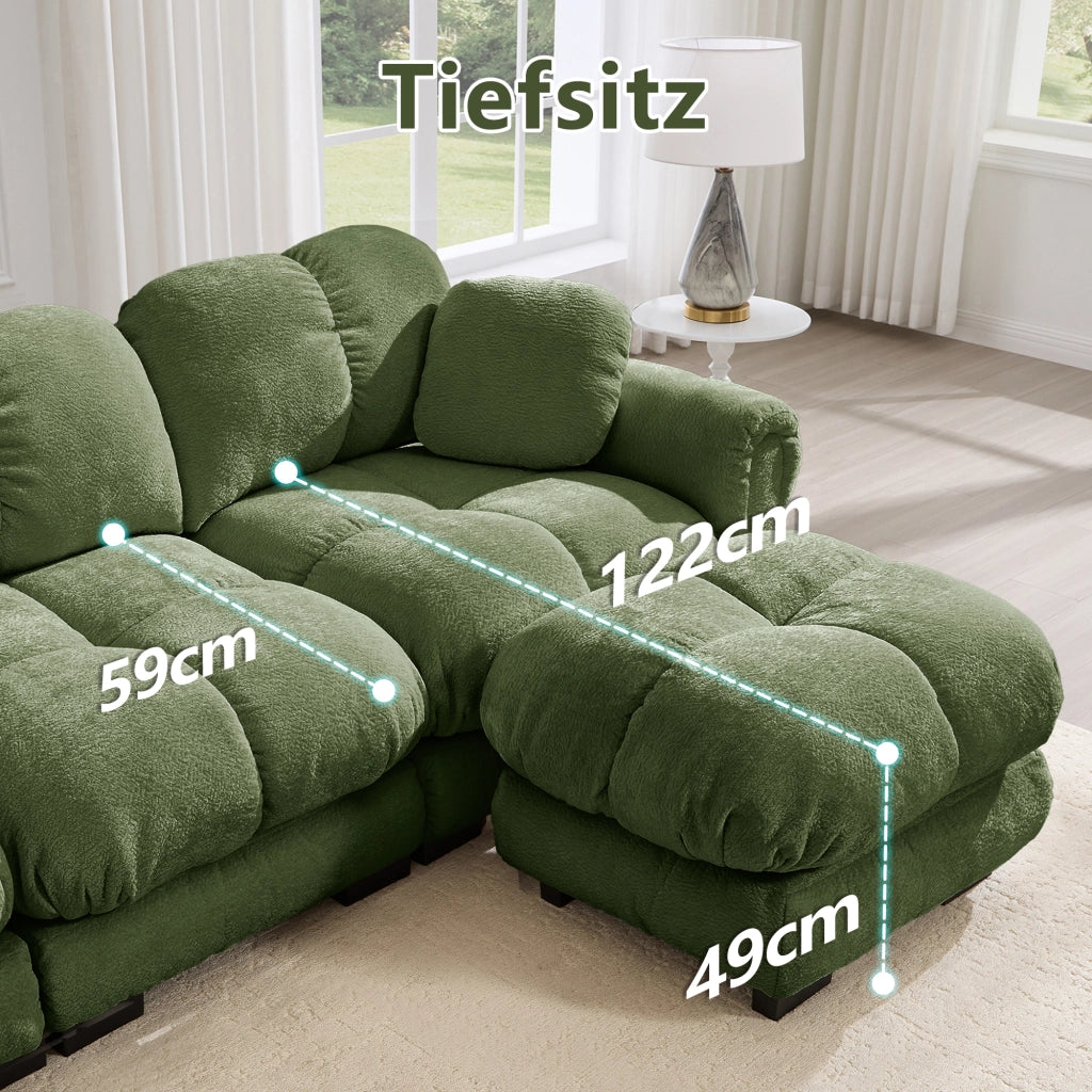 Divano modulare con cuscini trapuntati e cuscino piccolo, in Chenille, Verde 330 × 86 × 90 cm