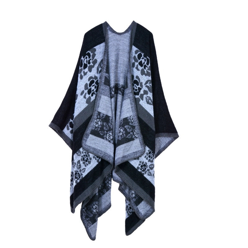Sciarpa/mantella/cappotto/foulard reversibile da donna in cashmere caldo e spesso con stampa floreale per autunno/inverno