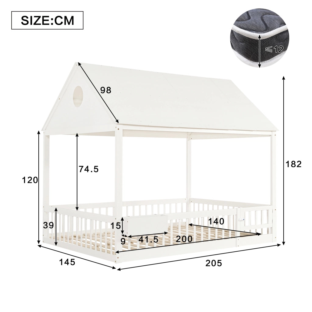 DESMIU Lit enfant 140 × 200 cm avec rangement, fenêtres décoratives, sans matelas, en bois massif et MDF, blanc