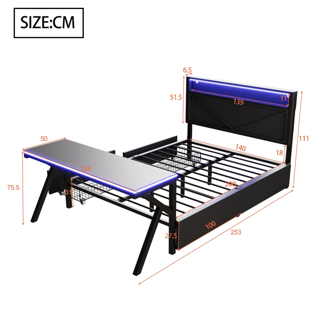 Letto Singolo 140x200 cm con LED; Scrivania e 2 Cassetti in Metallo e MDF - Nero