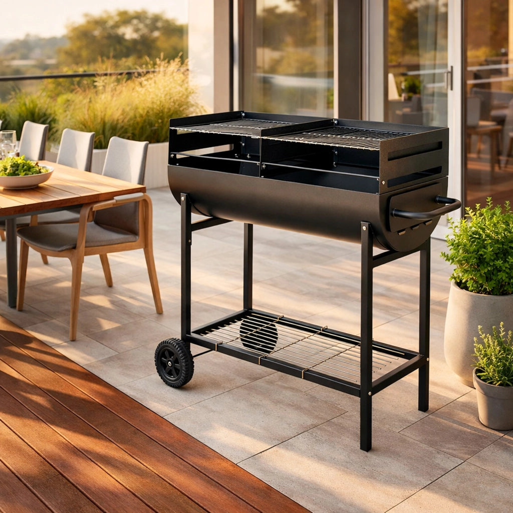 Barbecue A Carbone Con 2 Griglie Regolabili BBQ In Acciaio Resistente Con Ruote E Ripiano Portaoggetti Ideale Per Giardino Terrazzo E Grigliate All Aperto 90 x 45 x 96 Cm Nero