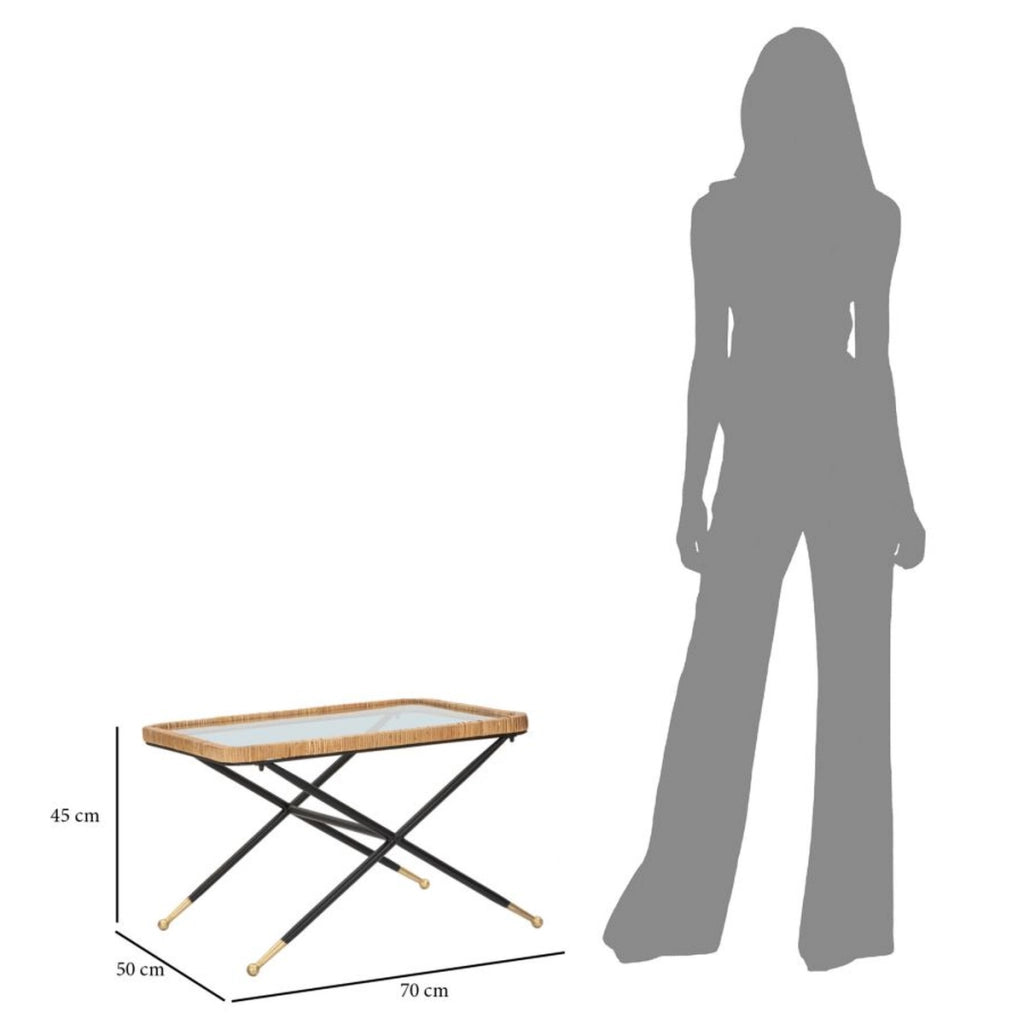 Tavolino da caffè Saint Barth rettangolare con vetro, ferro e rattan — 70x50x45 cm