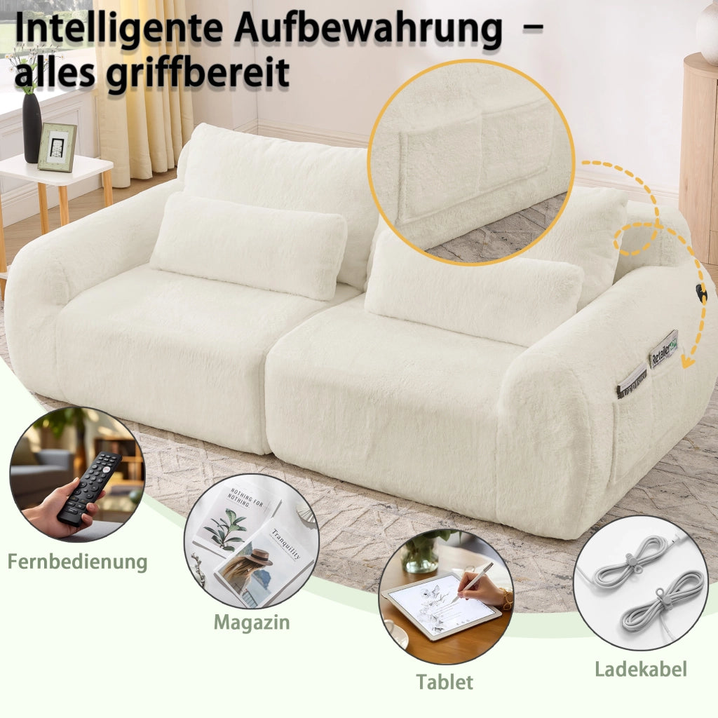 Divano 2 Posti con Porta USB e Tasca Laterale, in Schiuma, Beige