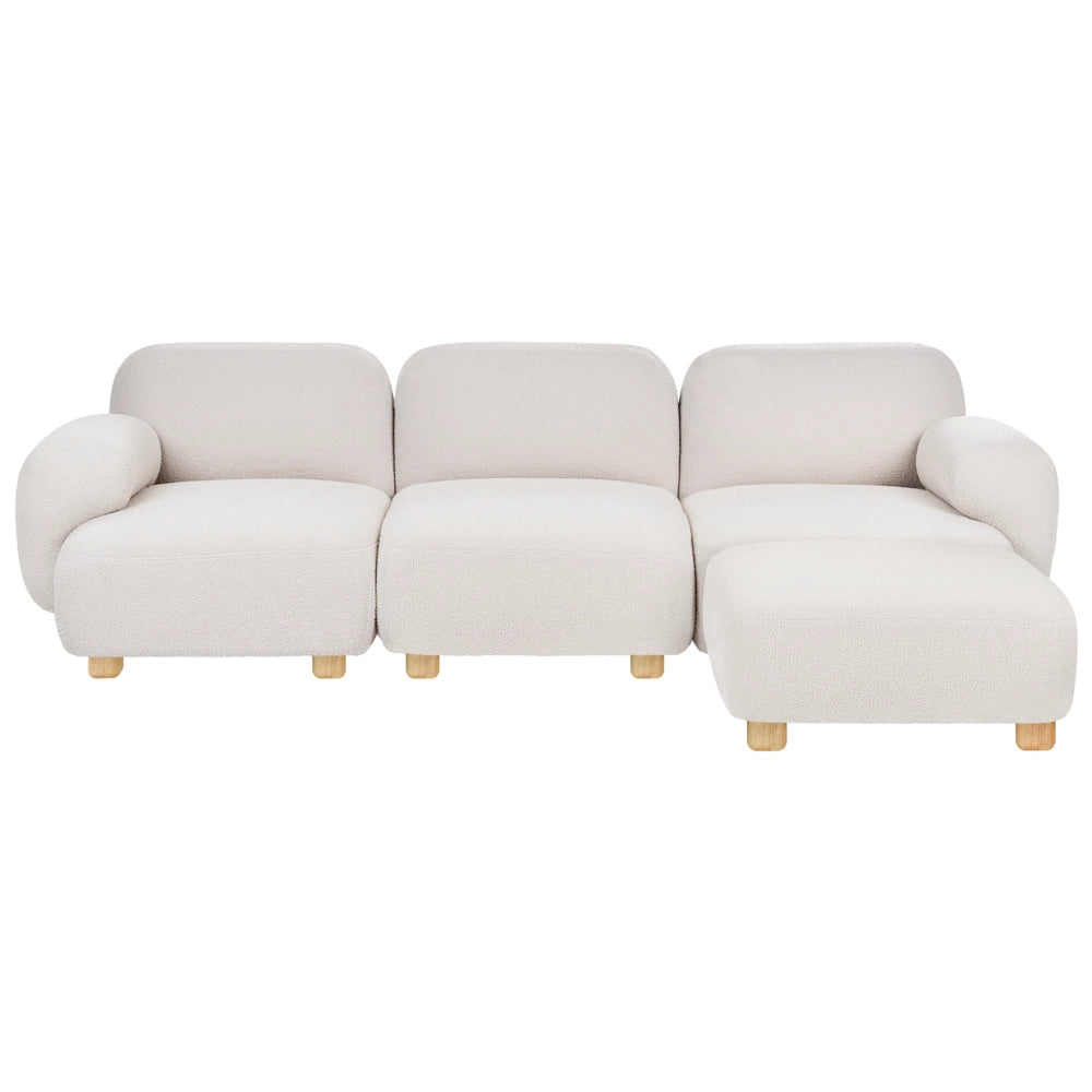 Divano modulare a 3 posti in tessuto con pouf tre elementi idrorepellente gambe in legno bianco sporco stile moderno
