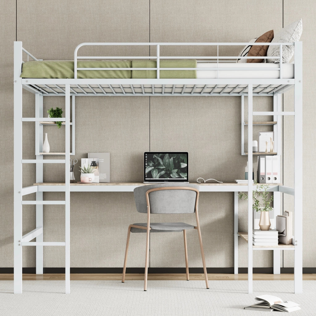 Letto a castello bianco in metallo con scrivania e scaffali 140x200 cm