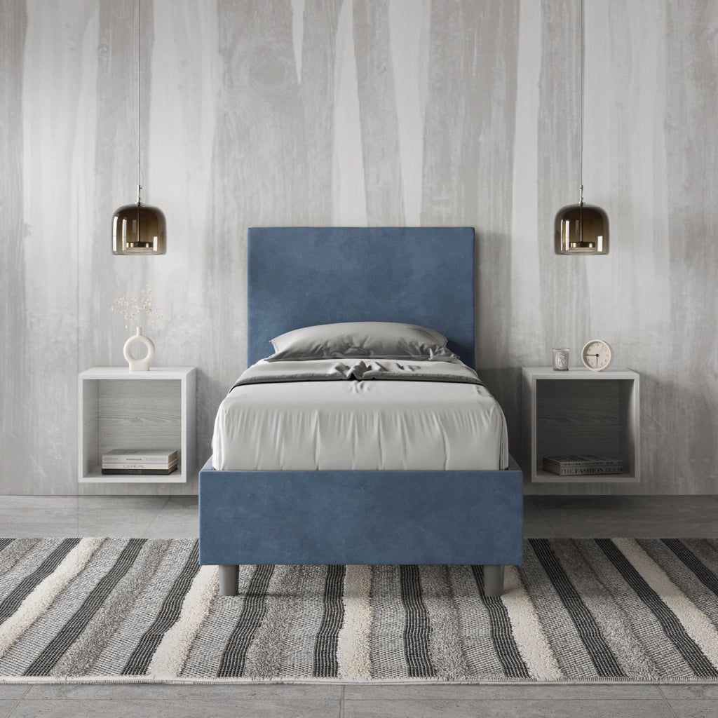 BS COM Letto singolo con rete imbottito 80x210 microfibra blu