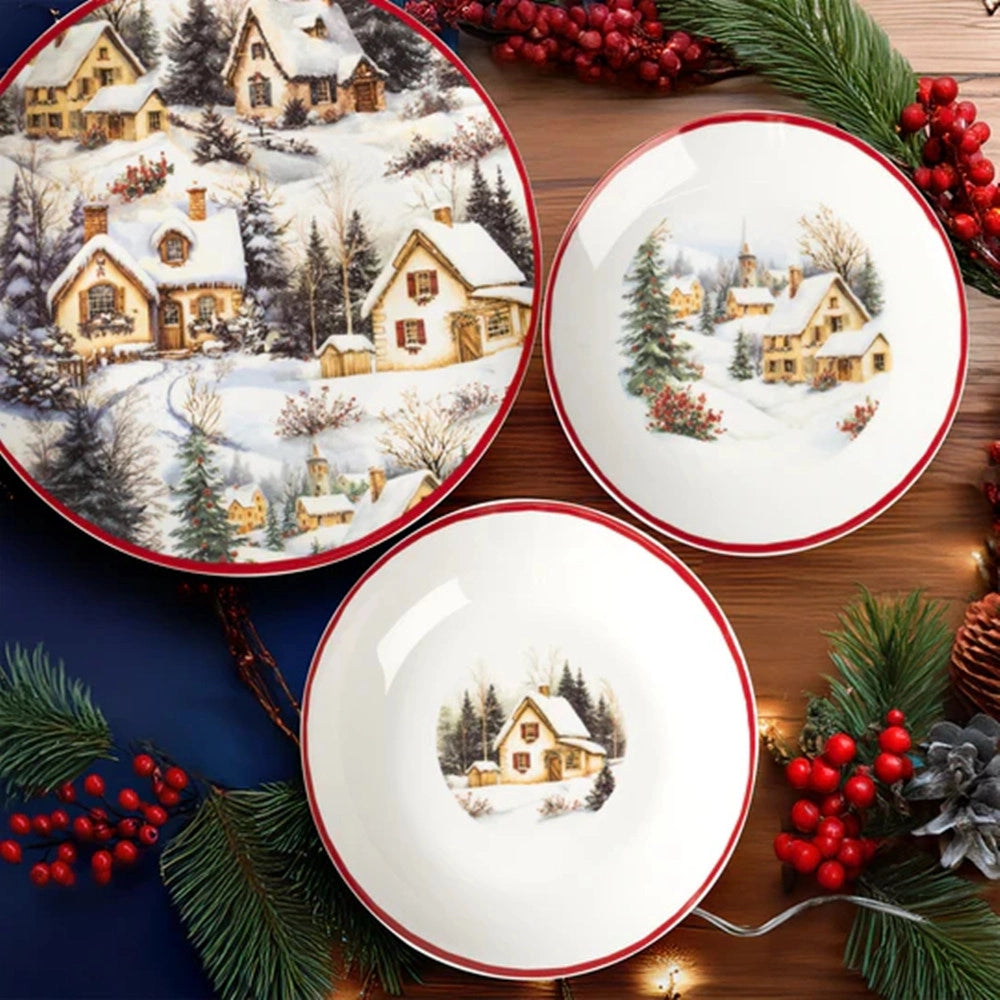 Trade Shop - Servizio Piatti Tavola Natalizio In Porcellana 18pz Decoro Paesaggio Invernale Bordo Rosso -