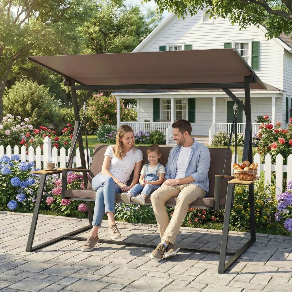 Dondolo da Giardino 3 Posti con Tettuccio Regolabile, Dondolo da Esterno in Metallo con Vassoi Porta Bicchieri, Cuscini Imbottiti, Portata 360kg, per Terrazzo Balcone, 222x131x175 cm, Marrone