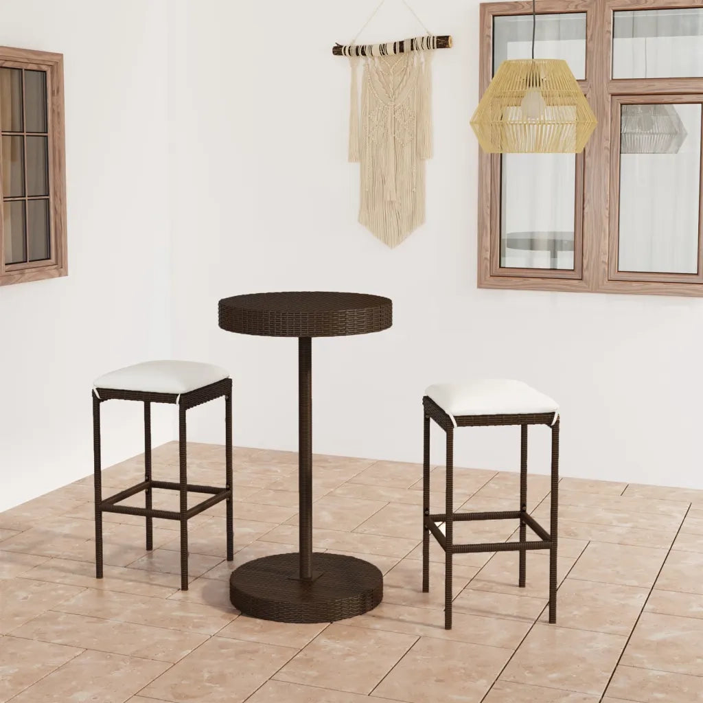 Set Bar da Giardino 3 pz | Set Salotto da Giardino con Cuscini in Polyrattan Marrone