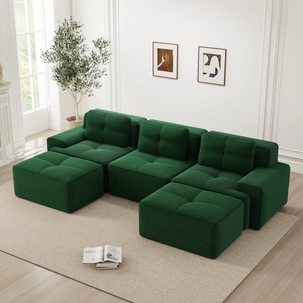 Divano Modulare Cloud 3 Posti con Ottoman ¨C MINIMAL ¨C Verde, Velluto a Coste, Angolare
