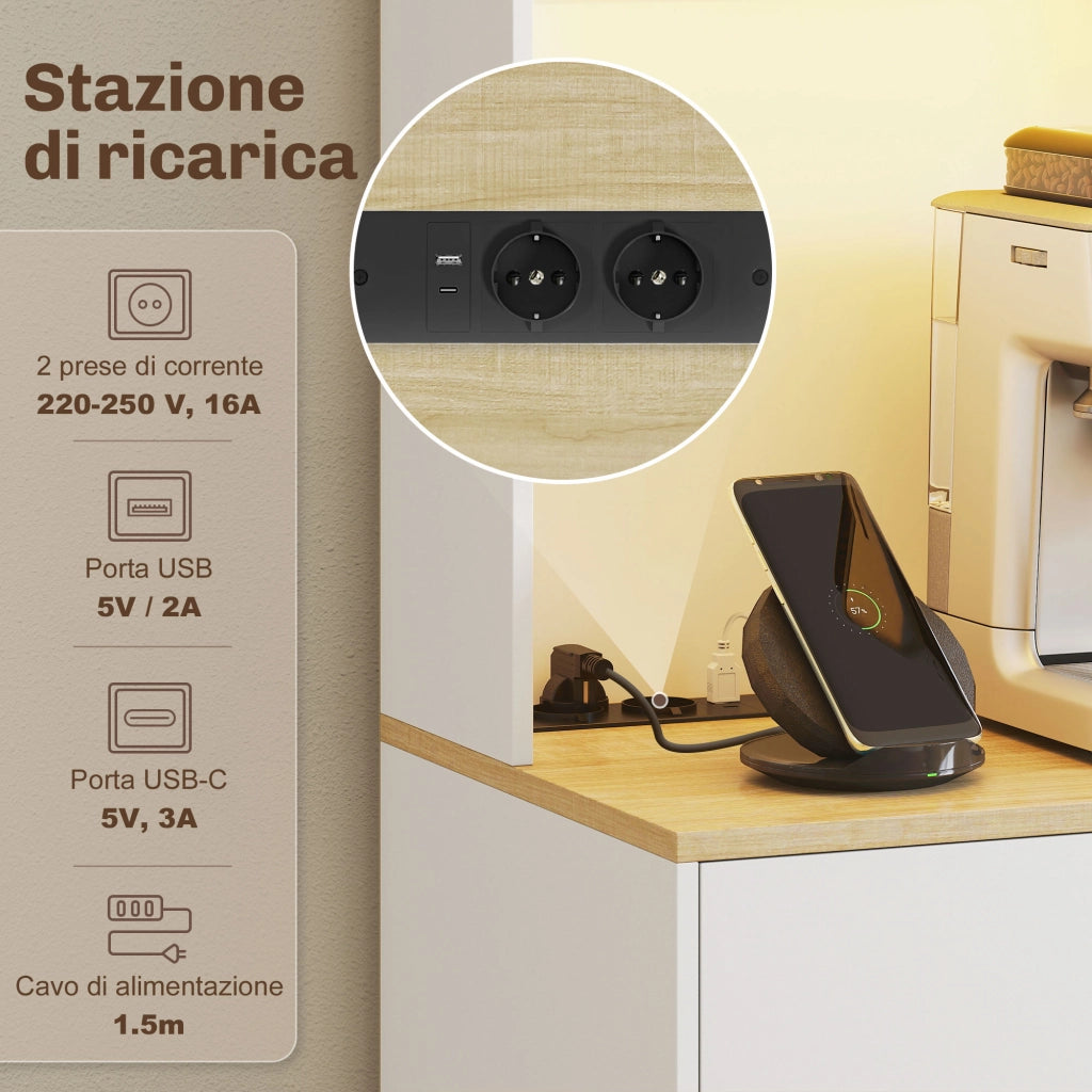 Credenza Moderna 71x40x180 cm con Luci LED Prese Elettriche e USB 2 Armadietti e Cassetto Bianco