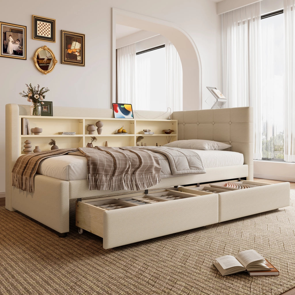 Letto a giorno con 2 cassetti; porta USB e Tipo-C; ripiani e doghe; lino beige; 90x200 cm; senza materasso