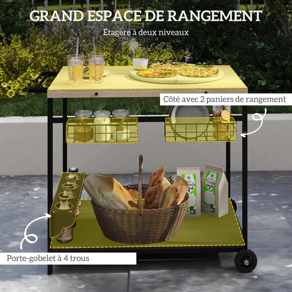 Carrello da giardino per barbecue ¨C Xylo ¨C legno e metallo con 2 ripiani e portabottiglie