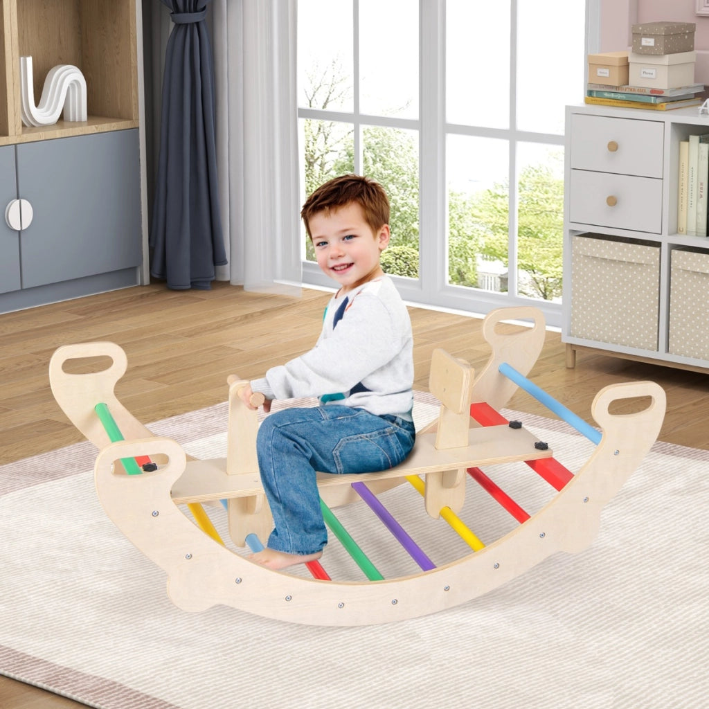 Arco cavallo a dondolo multifunzionale, Giocattoli di arrampicata in legno 4-in-1 per bambini dai 1-5 anni Multicolore-Arrampicate e scivoli