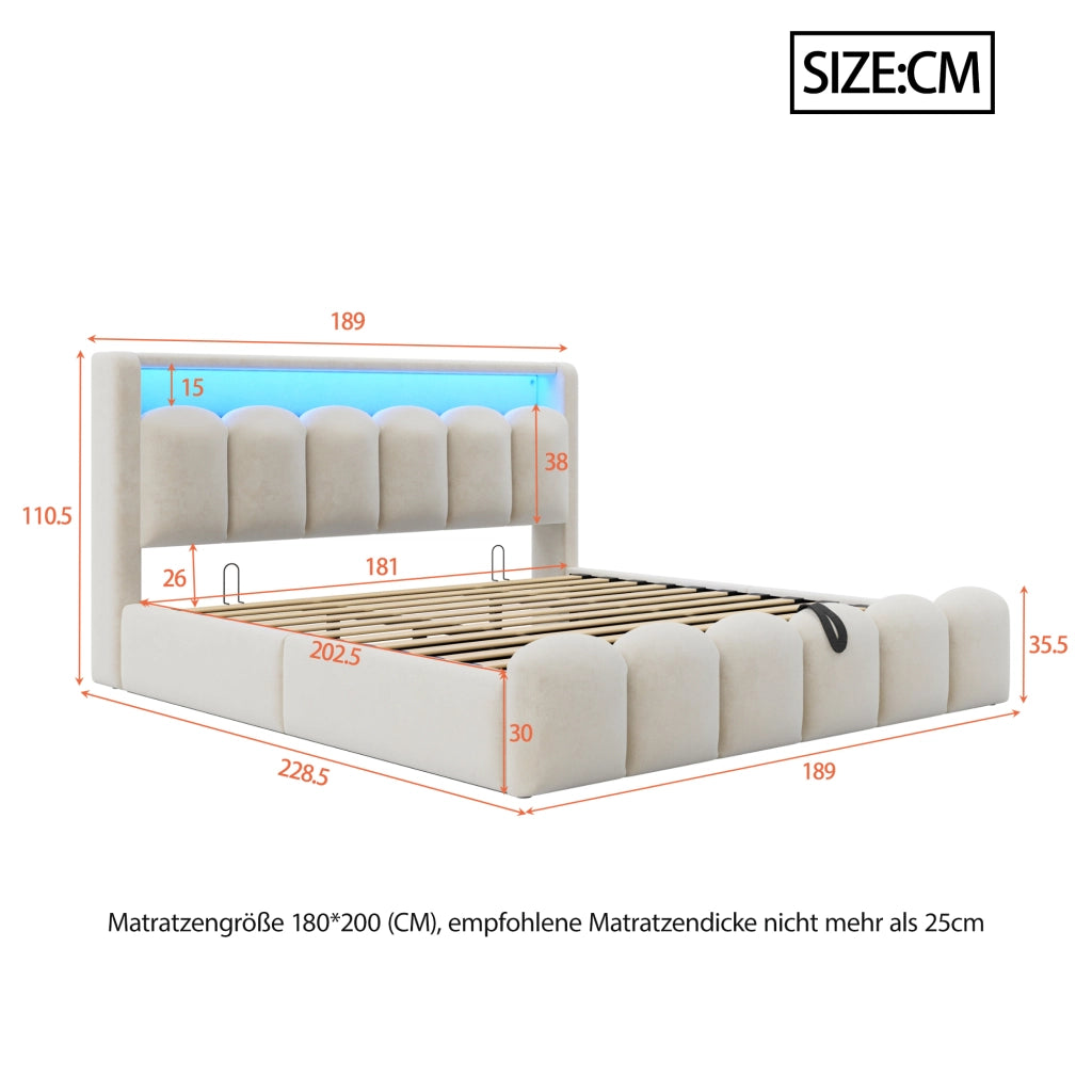LETTO 180x200 cm in velluto beige con LED, USB-C e vano contenitore