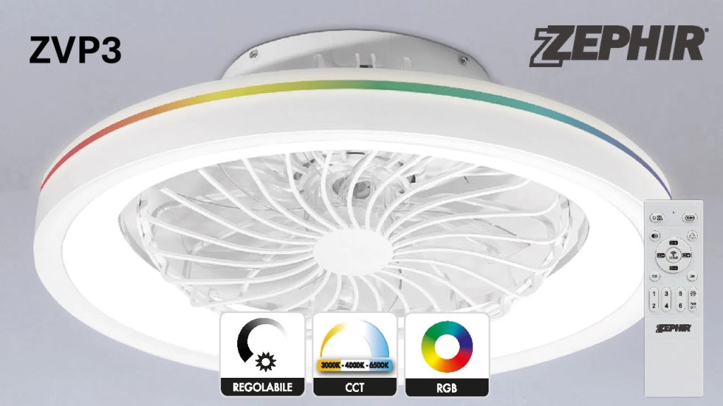 Ventilatore Plafoniera LED Zephir ZVP3 RGB+CCT 40W Dimmerabile con Telecomando, Motore DC e Funzione Reverse