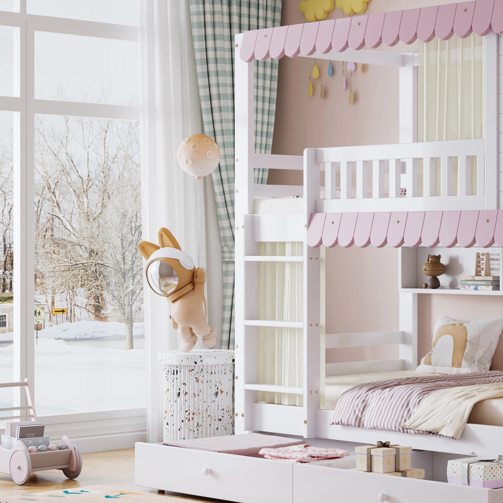 DESMIU Letto a castello bambino 90 × 200 cm 2 posti con finestre, tende, 2 cassetti, ripiani, senza materasso, bianco e rosa
