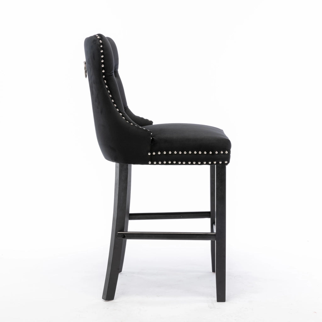 Sgabelli da Bar in Velluto con Gambe in Legno e Bottoni ¨C MINIMAL ¨C Set 2, Nero