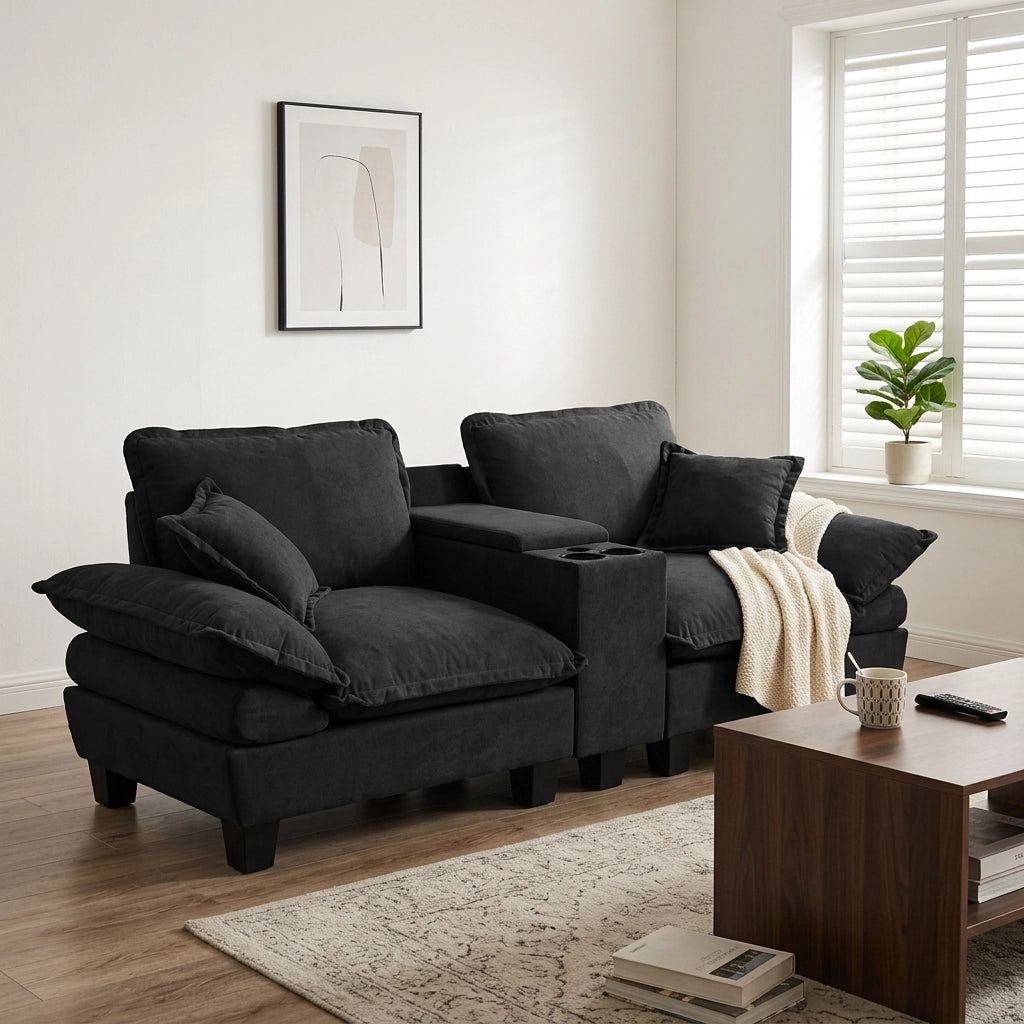 Divano modulare con vano contenitore, portabicchieri e porte USB, in ciniglia nero, 224 × 82 × 90 cm